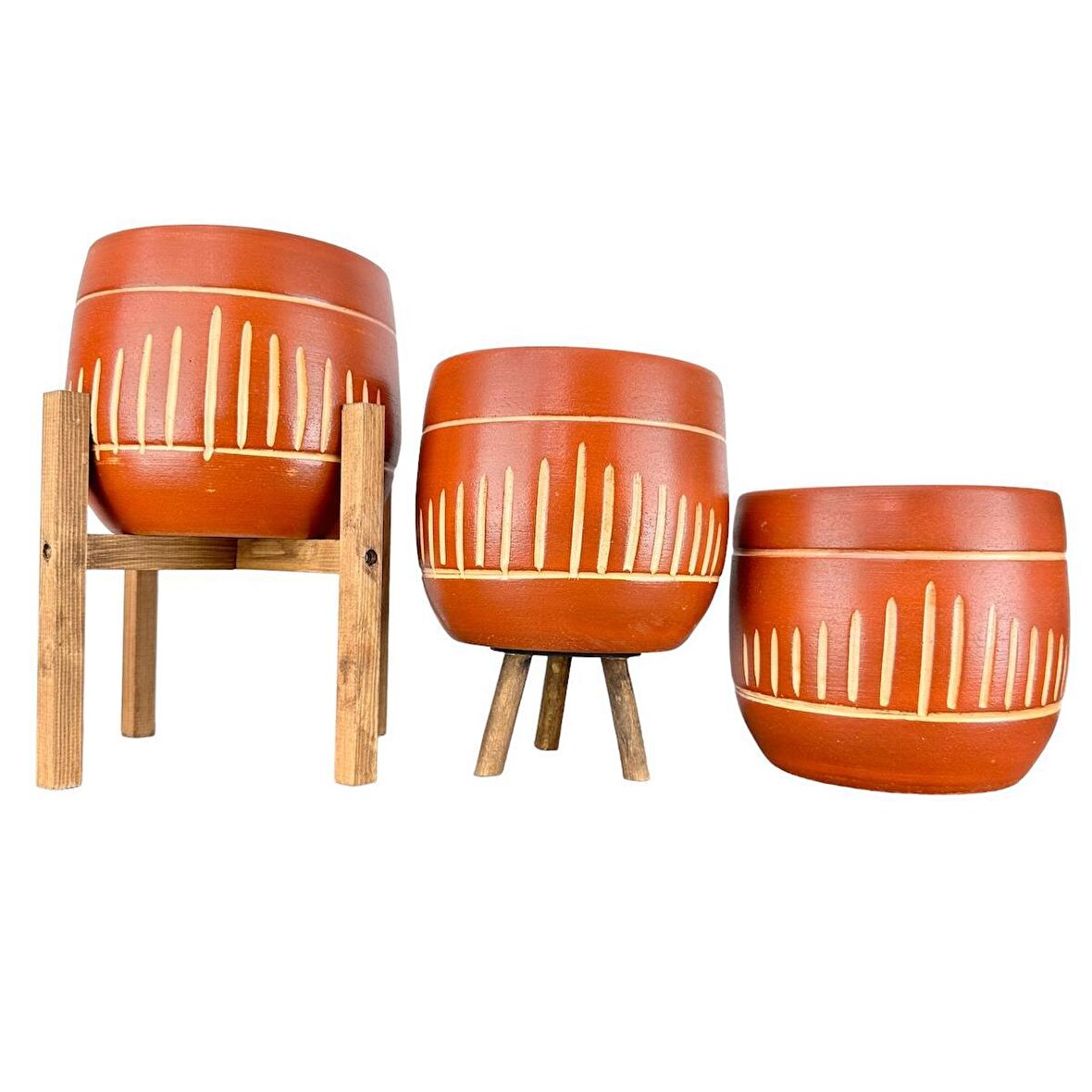 Ev Dekorasyon Aksesuar Dik Çizgi Desenli Toprak Saksı Saksılık Salon Çiçeklik Üçlü Set - 19 CM