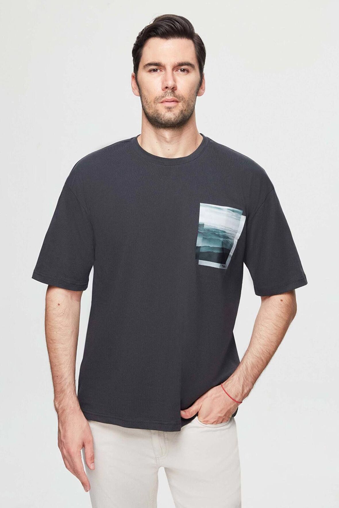 Oversize Antrasit Baskılı %100 Pamuk T-shirt 2EC14ORT05210