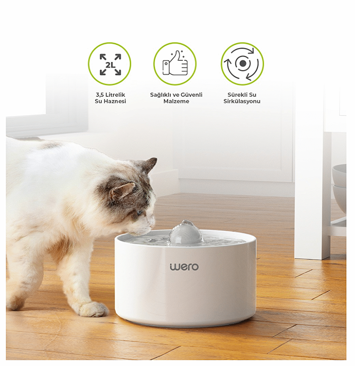 Wero Otomatik Kedi Köpek Su Şelalesi Su Pınarı Su Sebili (Seramik) - Sessiz Çalışma - 2.0 Lt Otomatik Su Temizleme - Beyaz
