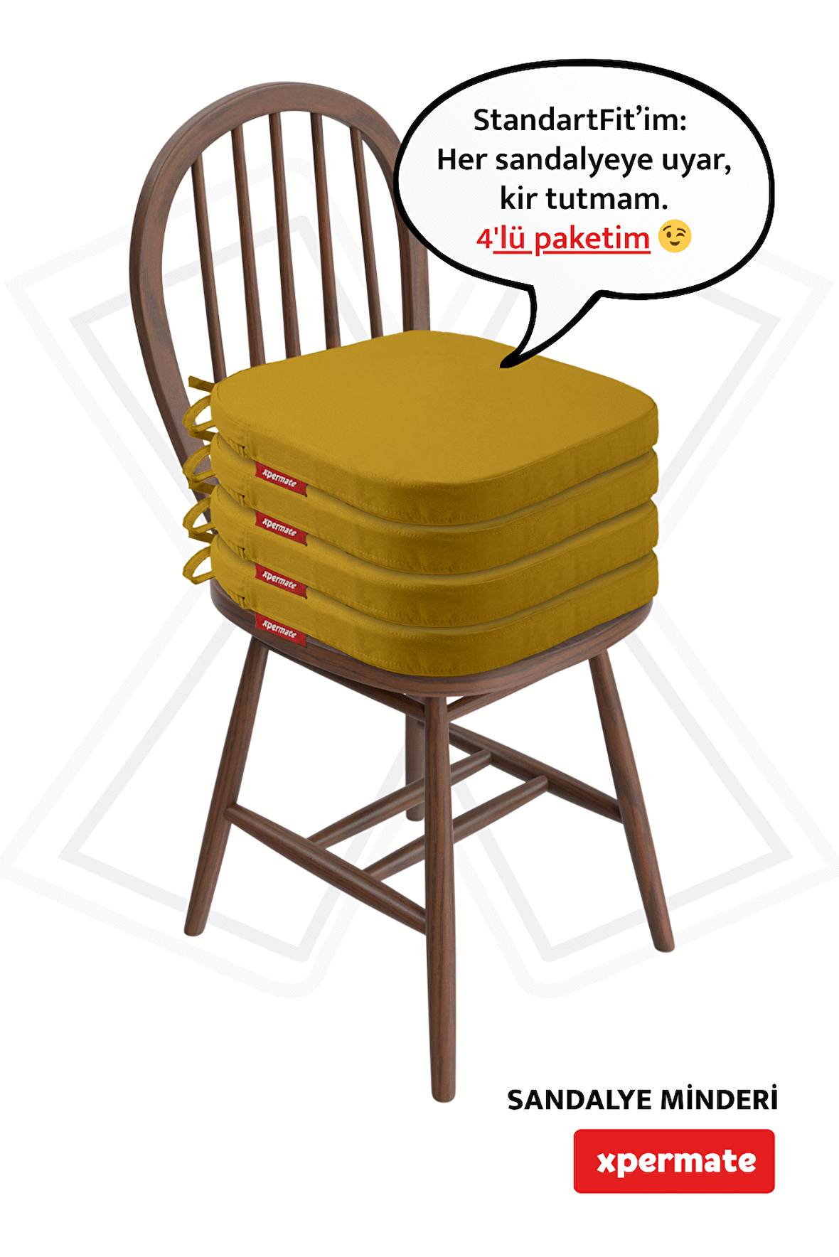 XPERMATE 4'lü StandartFit Oval Sandalye Minderi Fermuarlı Yıkanabilir Kılıf Bağcıklı Su ve Yağ İtici 42x42x5 Hardal