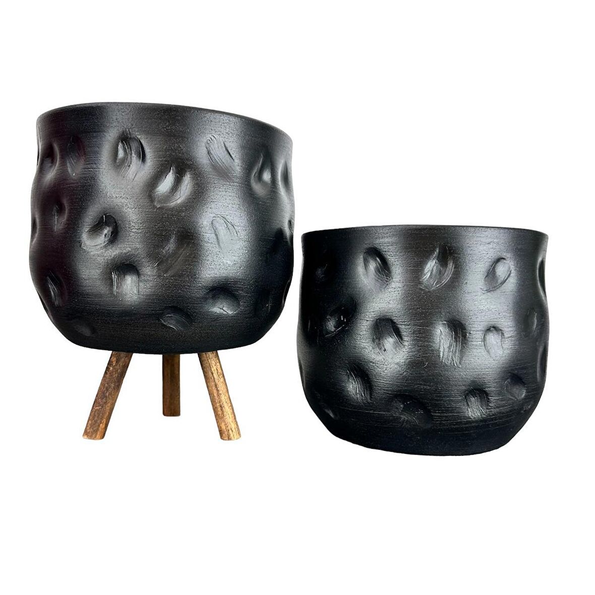 Ev Dekorasyon Aksesuar Siyah Desenli Toprak Saksı Saksılık Salon Çiçeklik İkili Set Ayaksız - 3 Ayaklı- 19 CM
