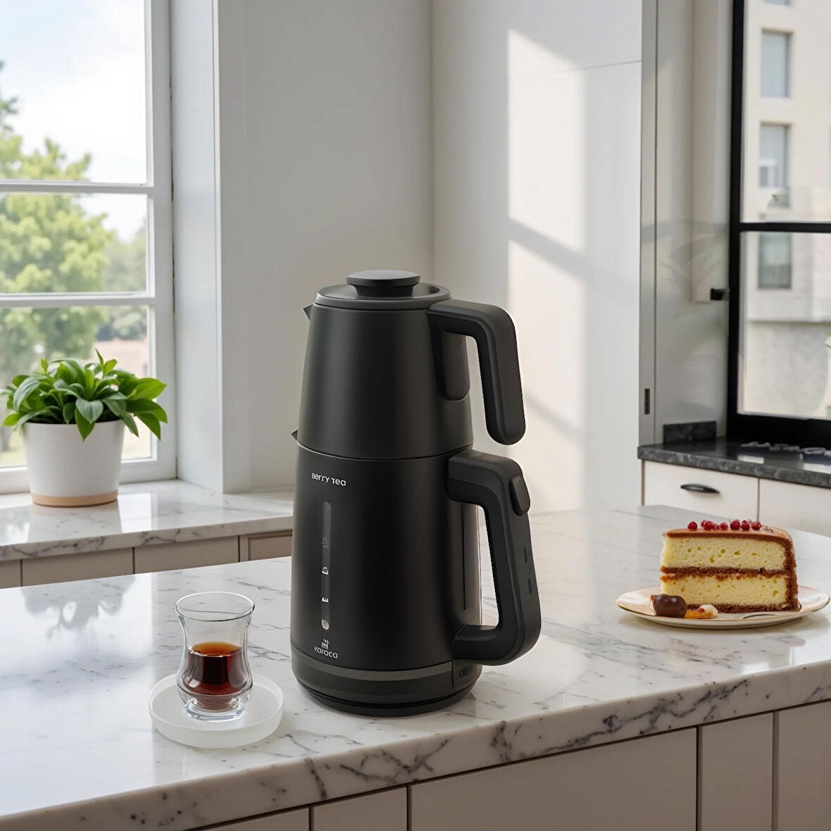 Karaca Berry Tea XL 2 in 1 Çelik Demlikli Çay Makinesi ve Kettle Shiny Black