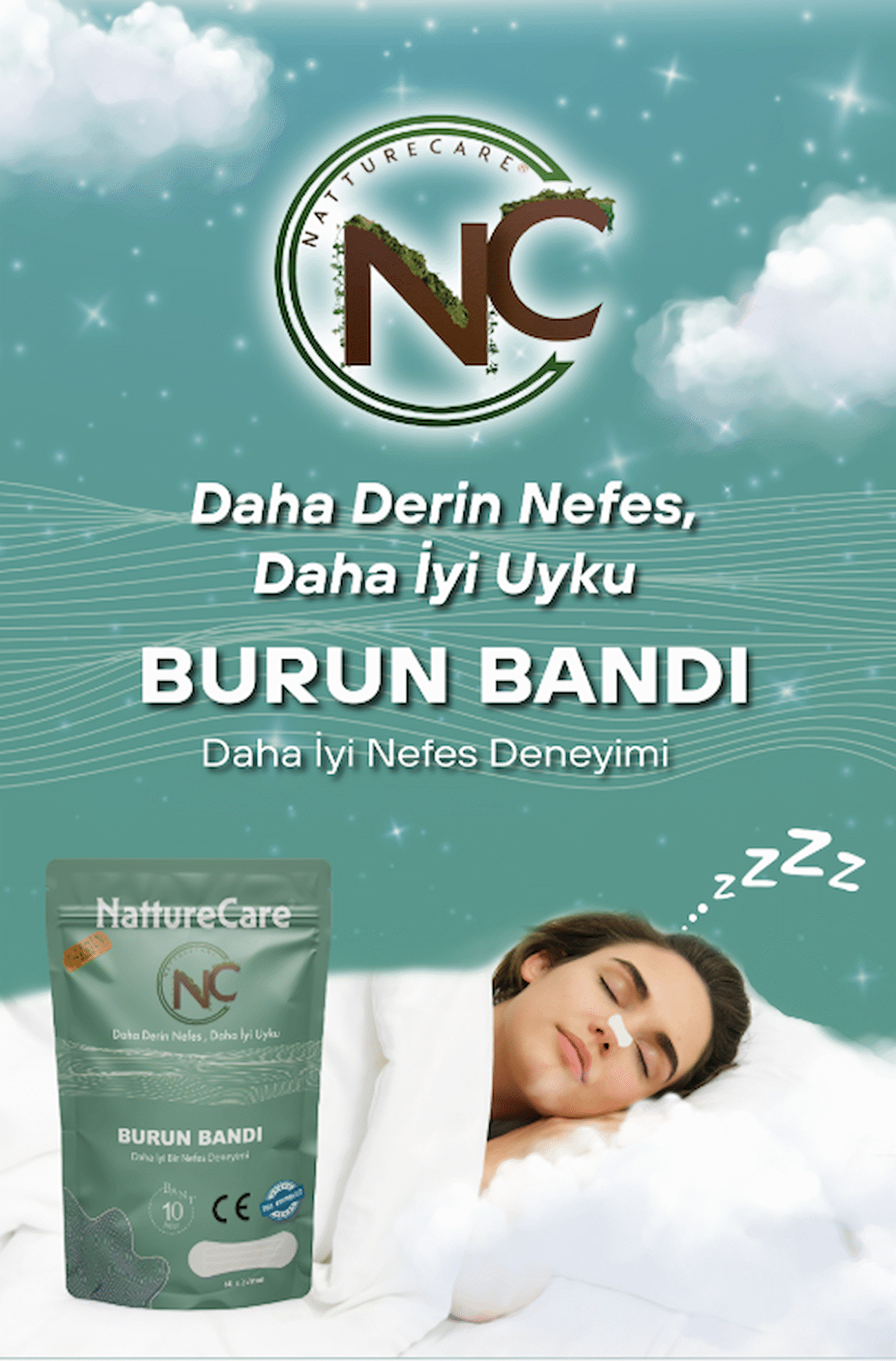 NattureCare Yeni Nesil Nefes Almaya Yardımcı Ve Horlamayı Azaltan Burun Bandı 10'Lu Yuvarlak 60*22 SEFFAF