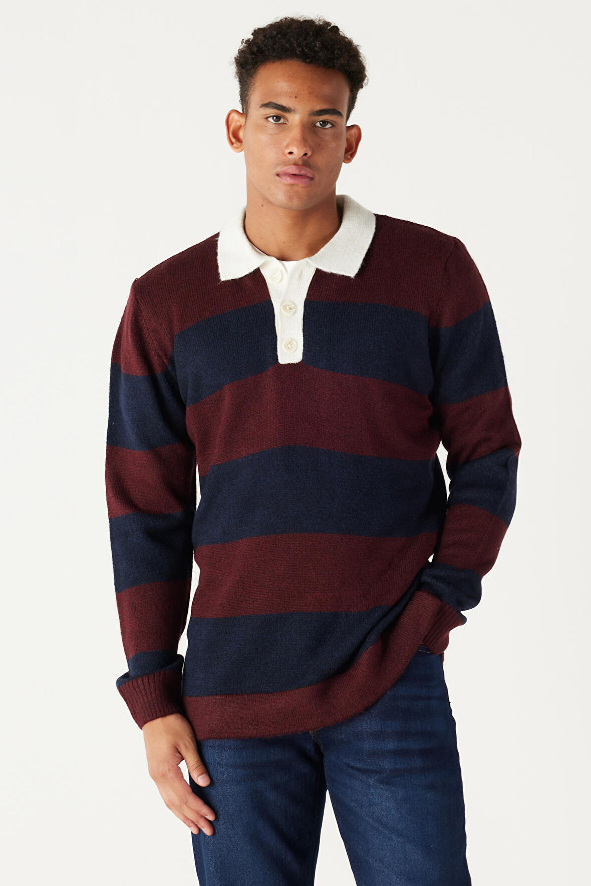 Erkek Bordo-lacivert Standart Fit Normal Kesim Polo Yaka Çizgili Triko Kazak