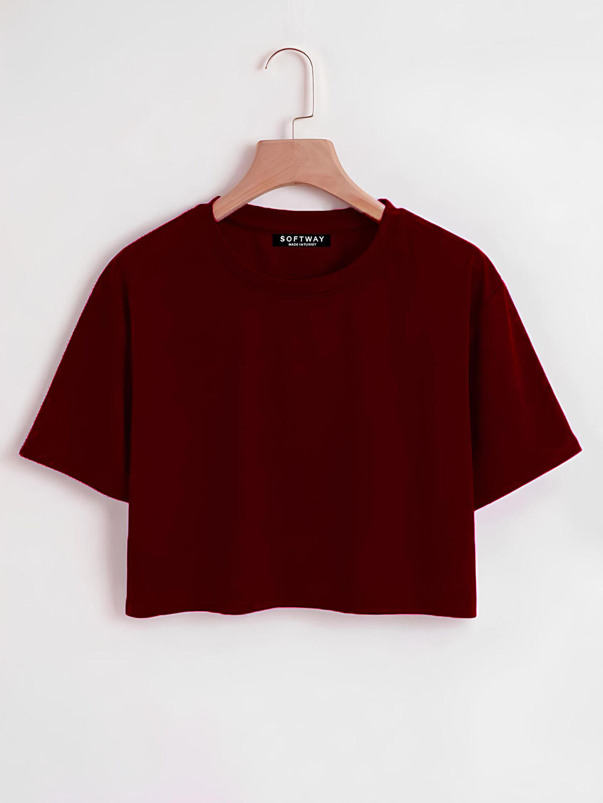 Kadın Oversize Bisiklet Yaka Düz Crop T-shirt - BORDO