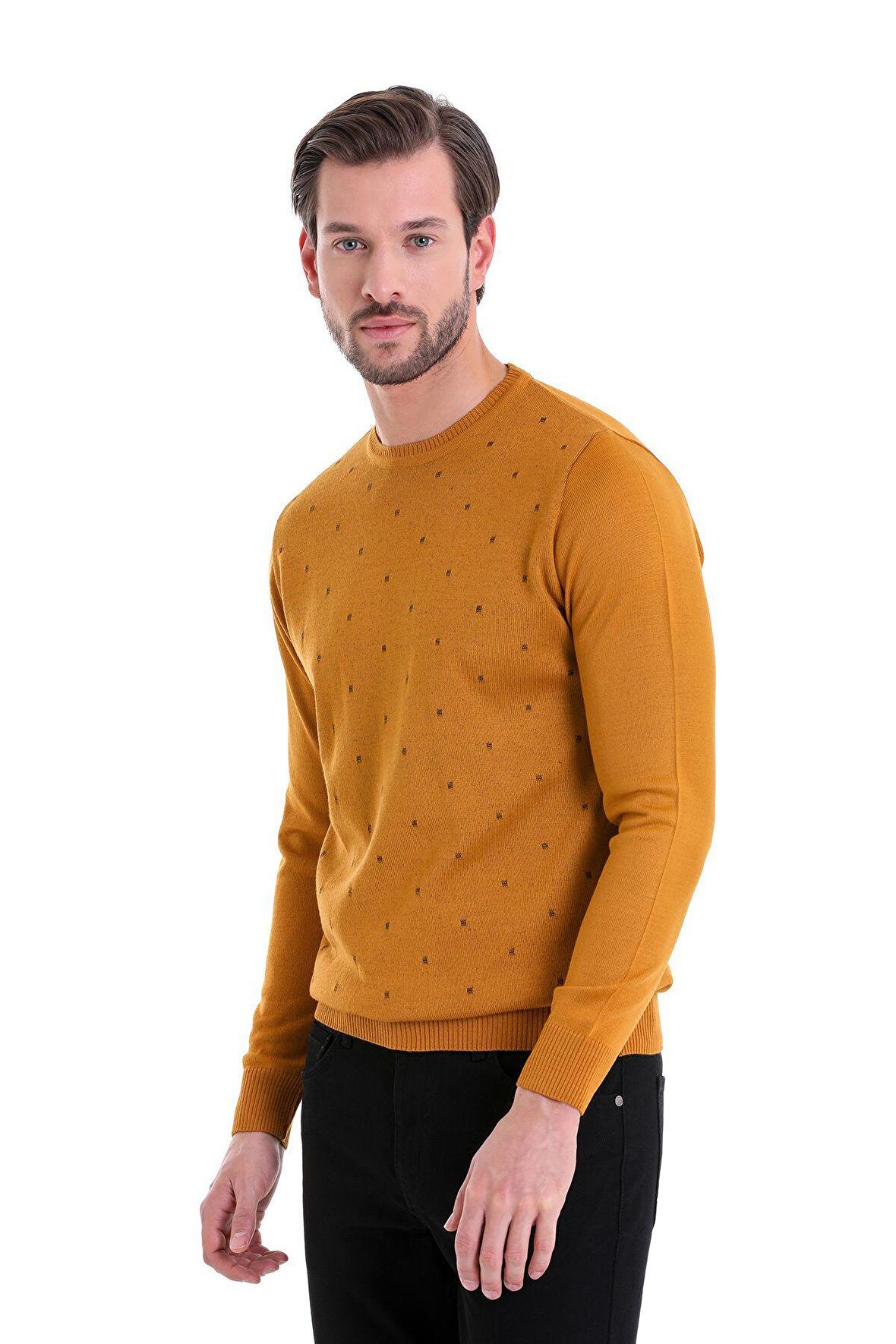 Hardal Desenli Bisiklet Yaka Yünlü Triko Kazak | S