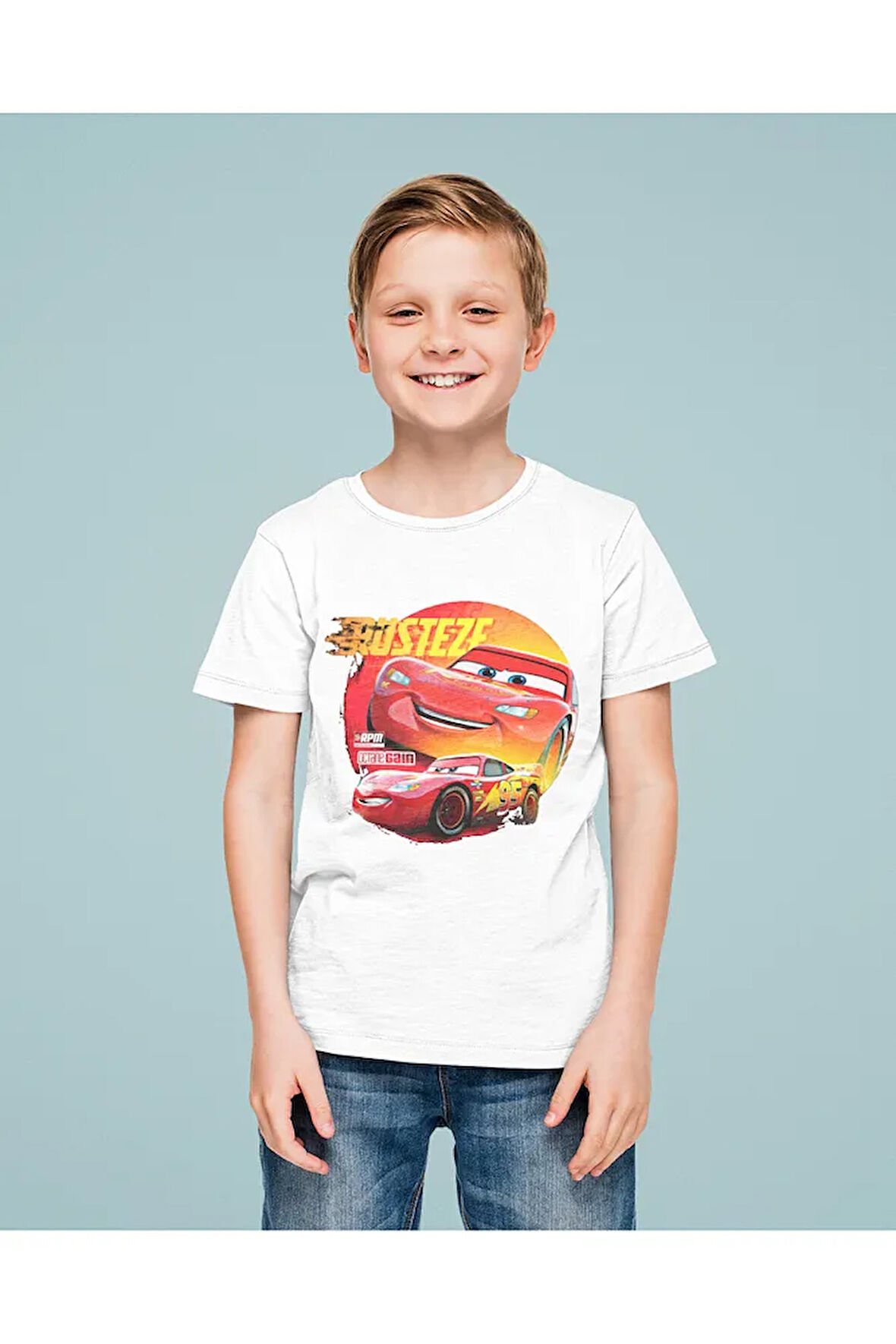 Şimşek Mcqueen Arabalar Baskılı Unisex Çizgi Film Çocuk Tişört (1-12 Yaş)