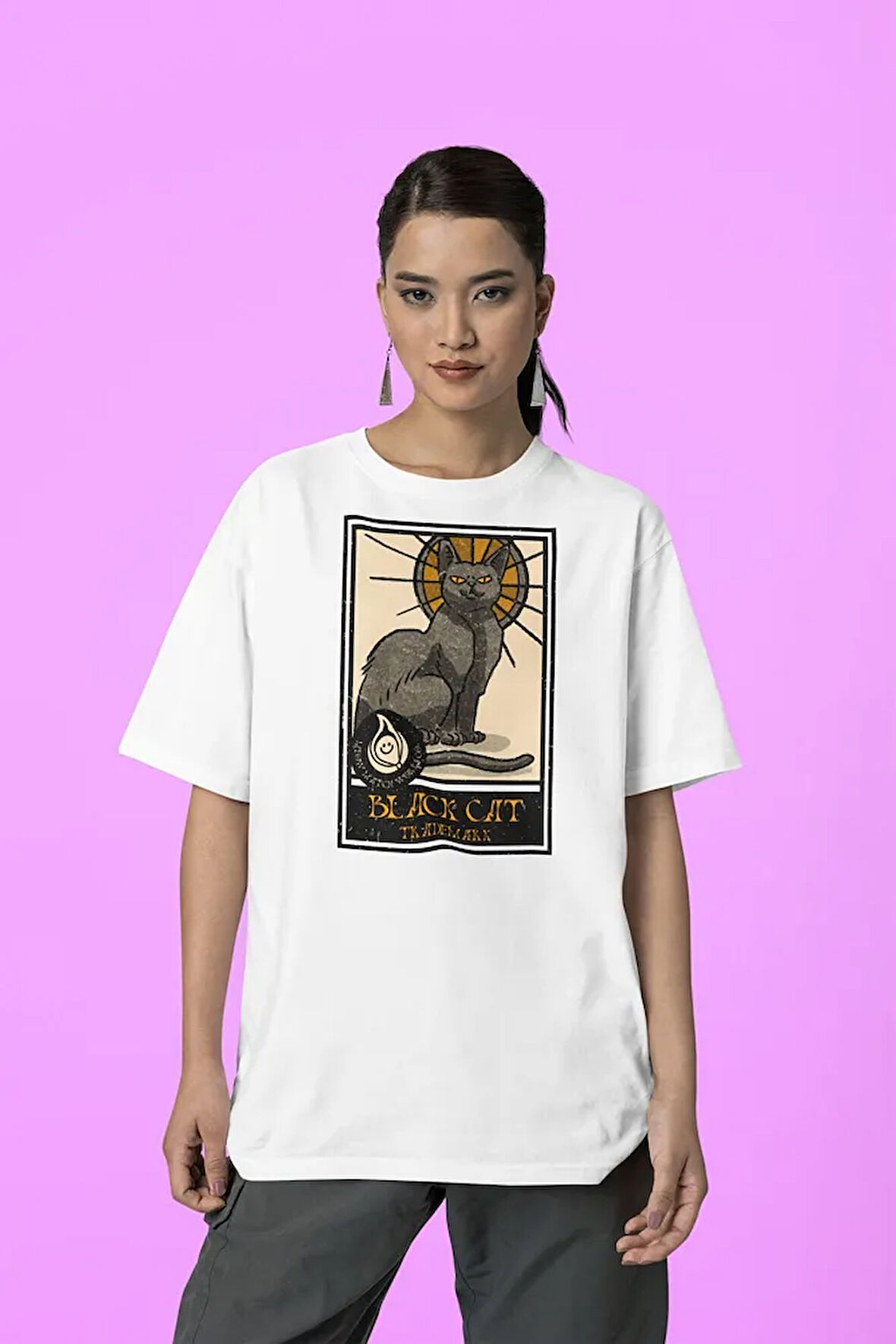 Black Cat Temalı Unisex Oversize Tişört