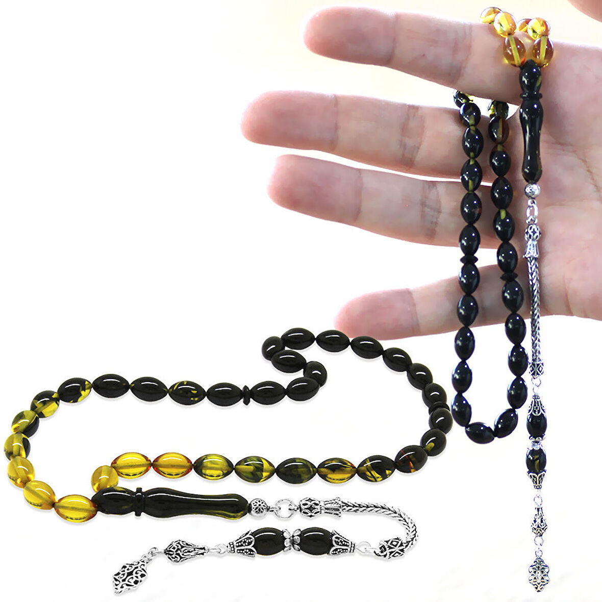 925 Ayar Gümüş Püsküllü Arpa Kesim Süzme Sarı-Siyah Ateş Kehribar Tesbih