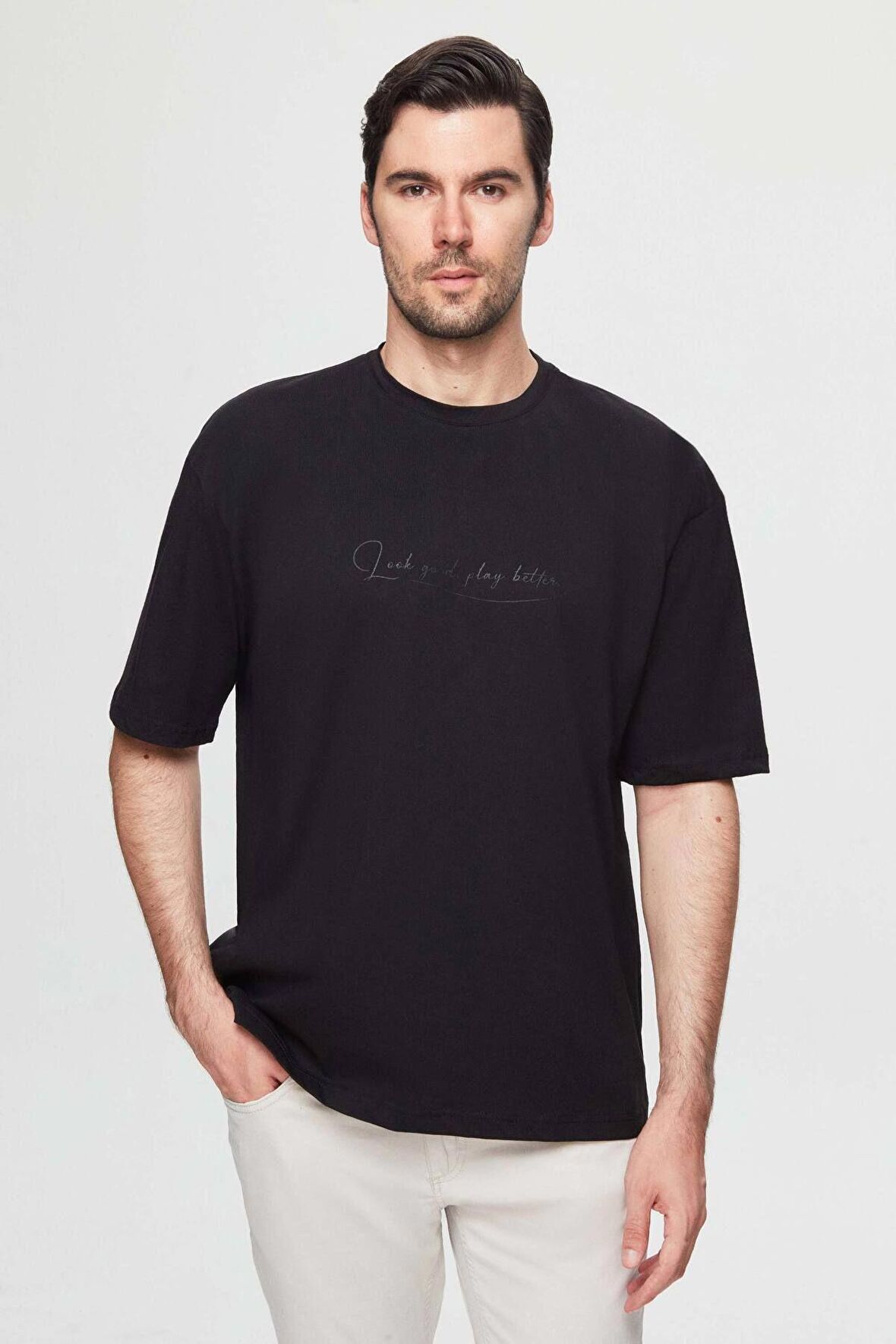 Oversize Siyah Baskılı %100 Pamuk T-shirt 2EC14ORT05211