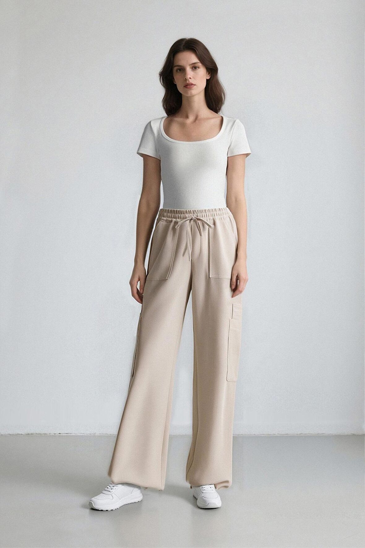 DeFacto Coool Wide Leg Geniş Paça Keten Karışımlı Pantolon Kargo Cepli Yüksek Bel C0964AX24SMBG155