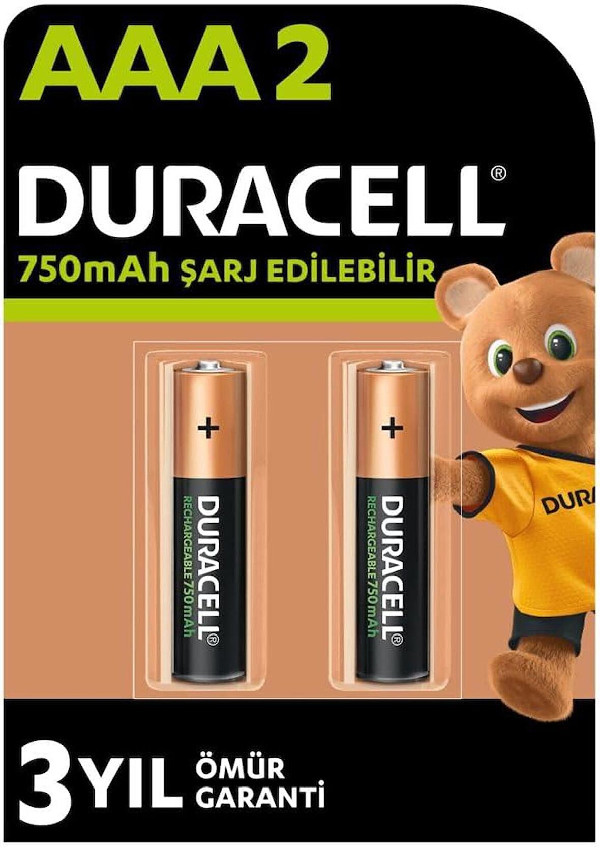 Duracell AAA Şarj Edilebilir İnce Kalem Pil 750Mah 1.2V 2'li Paket (HR03 / DC2400)