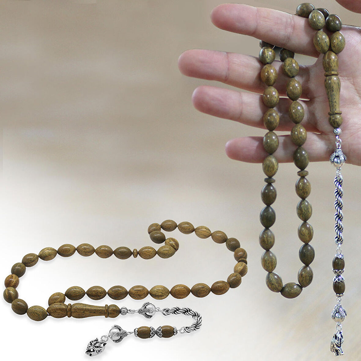 925 Ayar Gümüş Kral Zincir Püsküllü Arpa Kesim Açık Kahverengi Pelesenk Tesbih