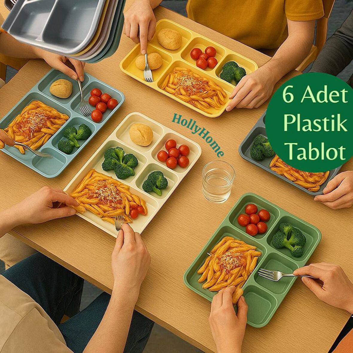 6 Adet Tabldot 5 Bölmeli Lüks Plastik Piknik Yemek Servis Tabağı, 6 Renk Tablot 21x31x3,3(h) cm