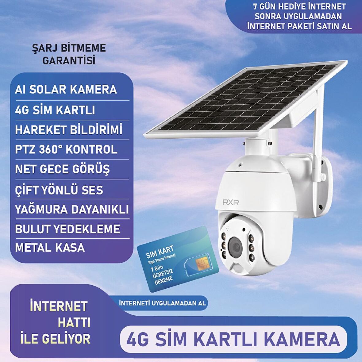 RXR C16 4G Sim Kartlı Bataryalı Solar Dış Ortam 360° Hareket Kontrollü solar güneş enerjili kamera
