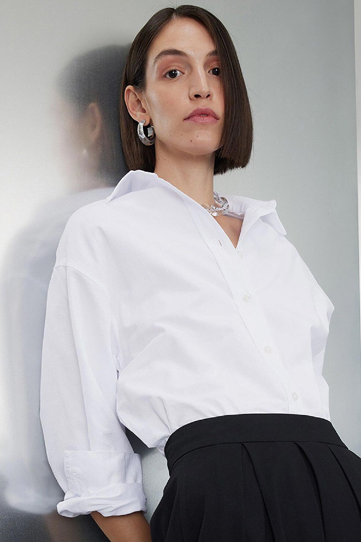 Oversize Fit Gömlek Yaka Basic Düz Oxford Uzun Kollu Gömlek