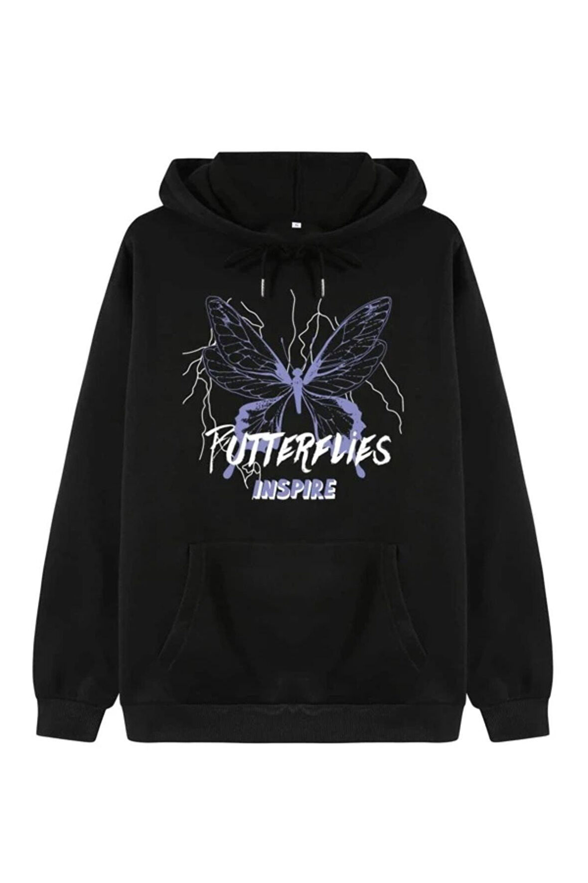 Unisex Siyah Butterfly Baskılı Oversize Kapşonlu Sweatshirt