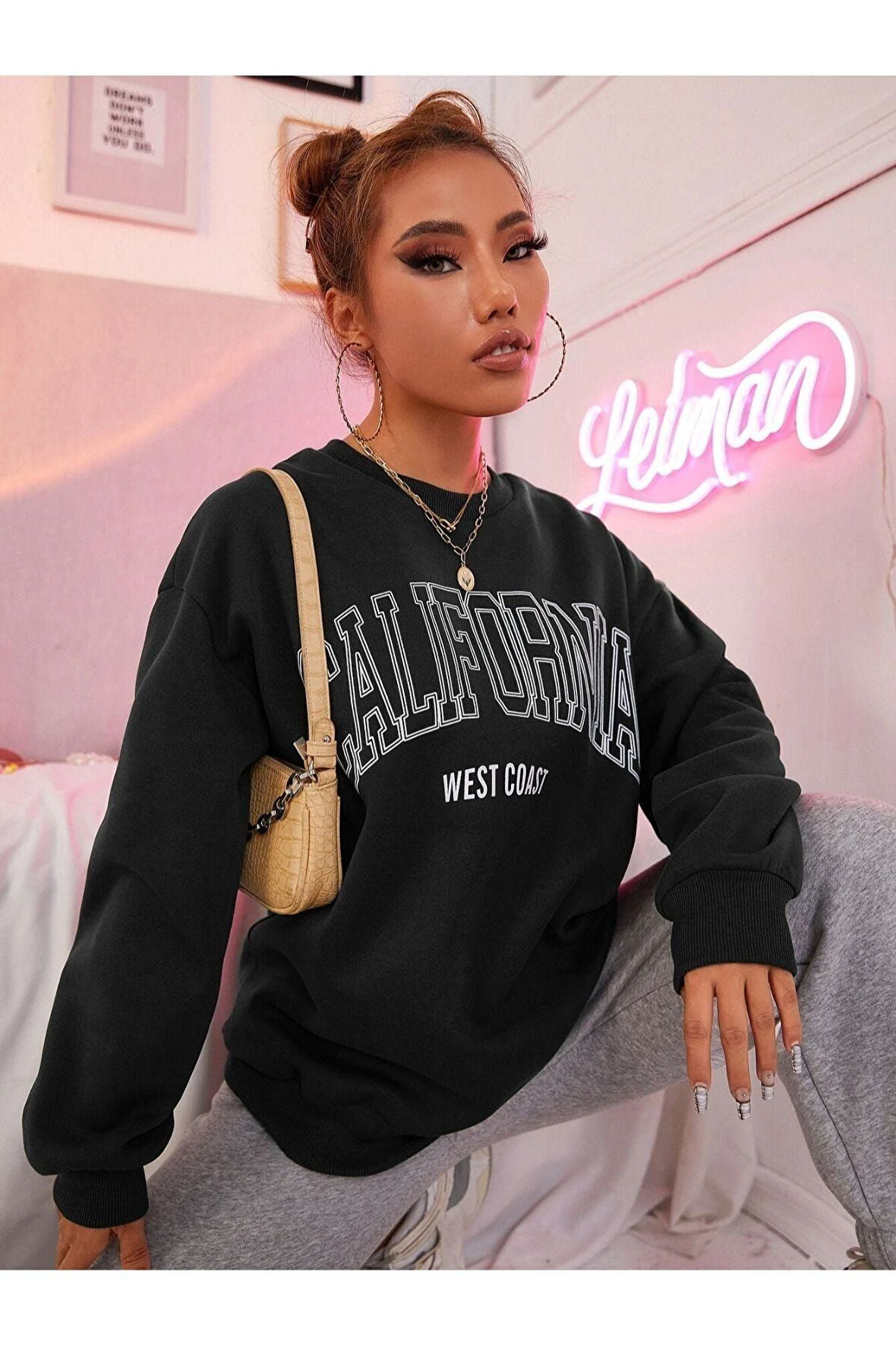 Unisex Siyah California West Baskılı Bisiklet Yaka Oversize Sweatshirt