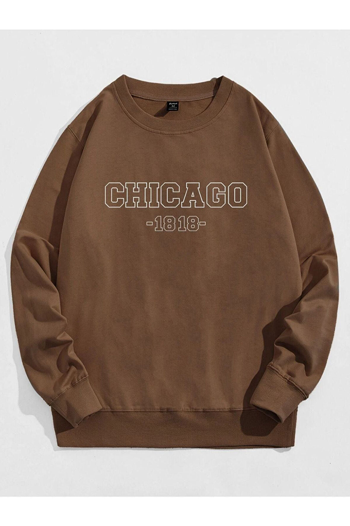 Unisex Kahverengi Chicago Baskılı Bisiklet Yaka Oversize Sweatshirt