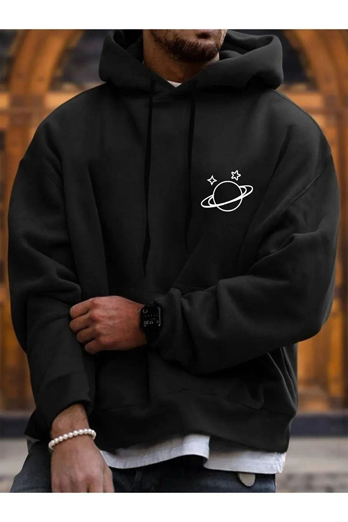 Unisex Siyah Gezegen Baskılı Kapşonlu Oversize Sweatshirt