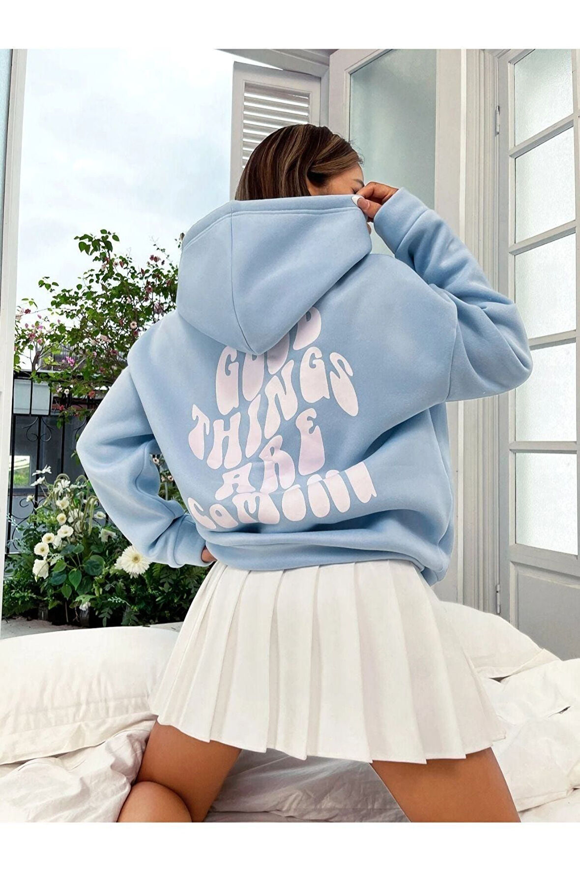 Unisex Good Things Sırt Baskılı Oversize Kapşonlu Sweatshirt