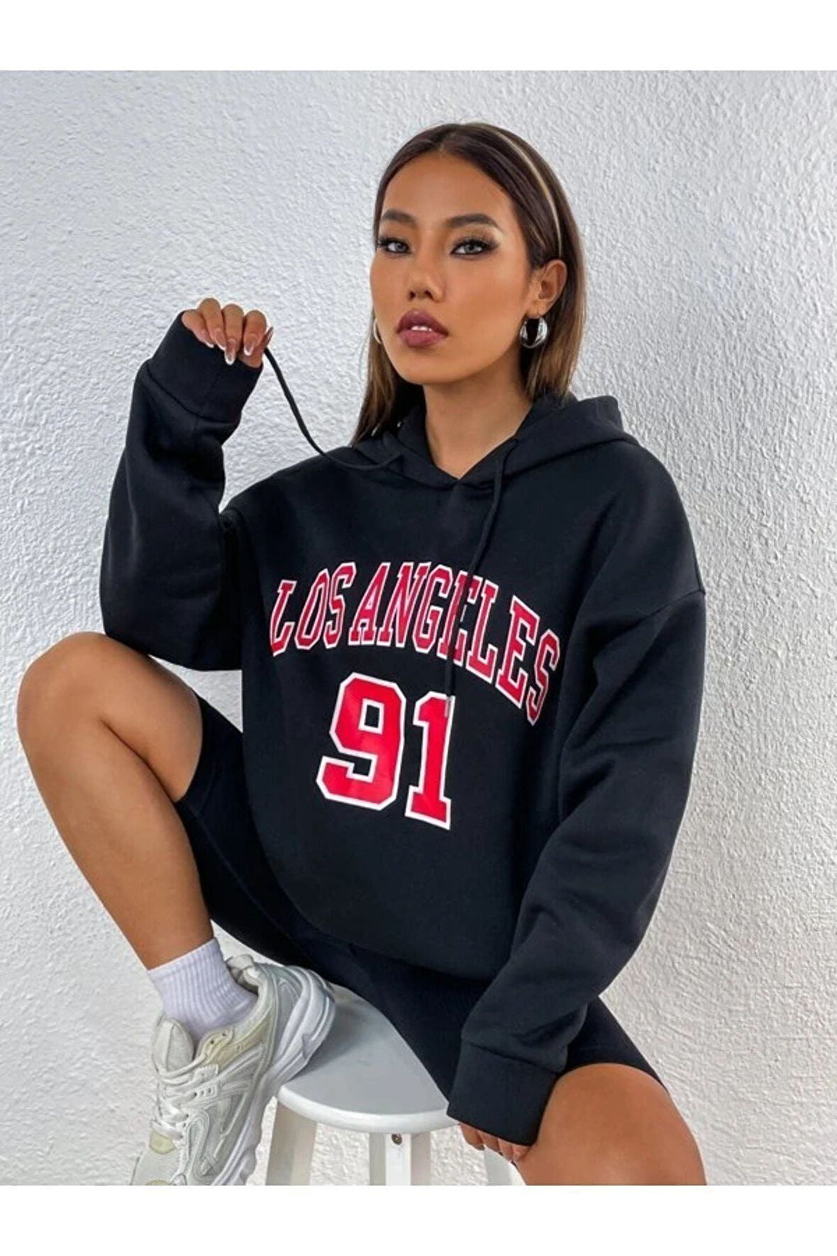 Unisex Los Angeles 91 Baskılı Oversize Kapşonlu Sweatshirt