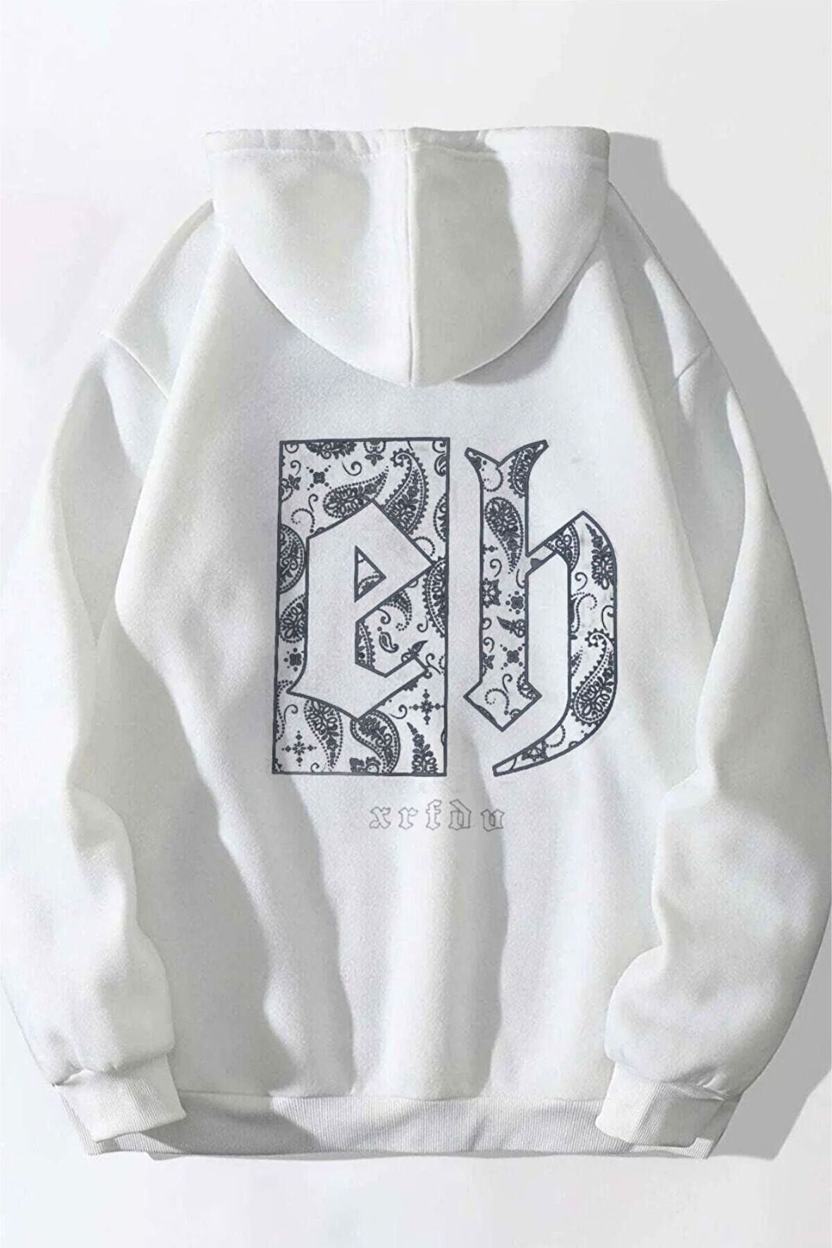 Unisex Beyaz Eh Sırt Baskılı Oversize Kapşonlu Sweatshirt