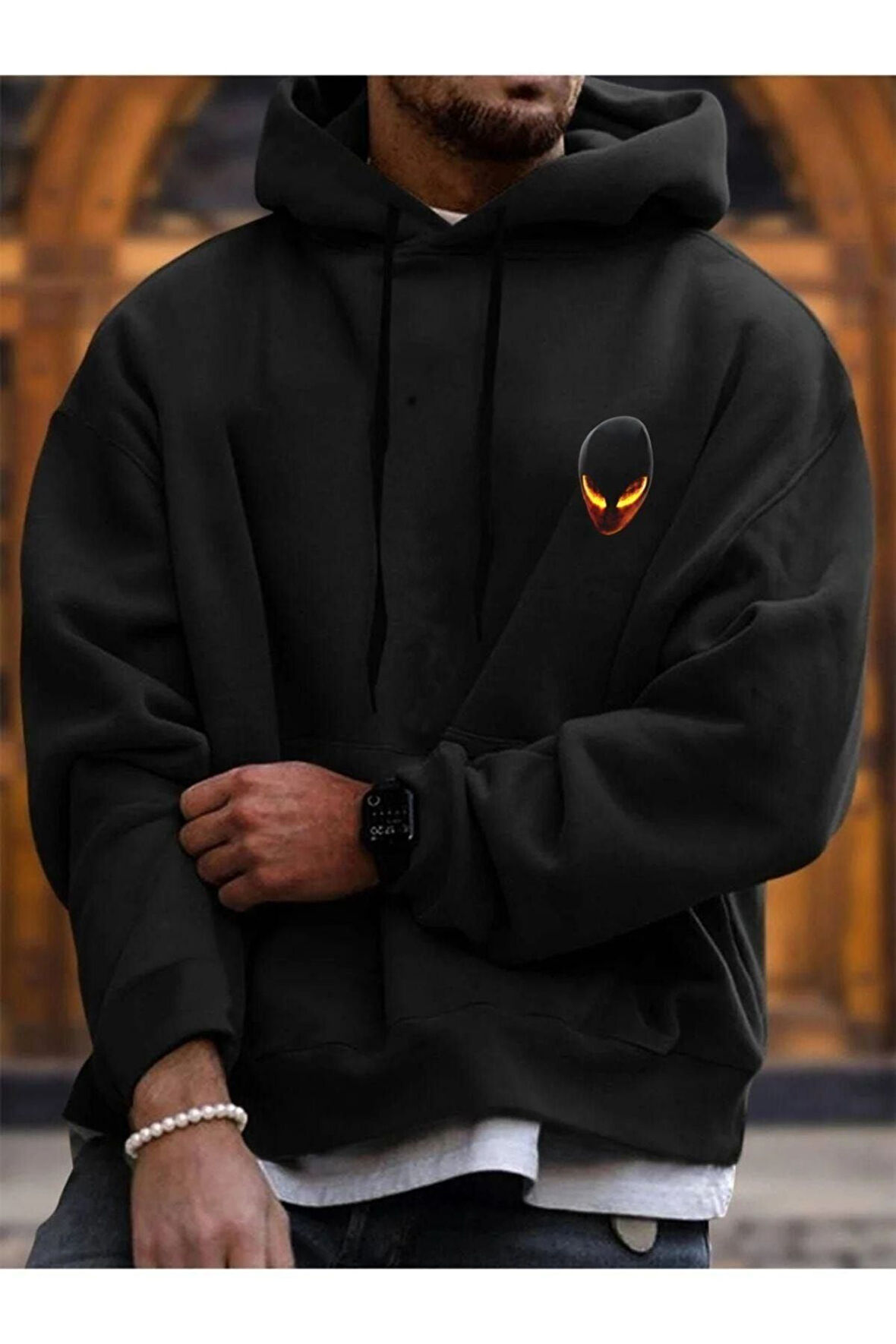 Unisex Yeşil Alien Baskılı Kapşonlu Oversize Sweatshirt