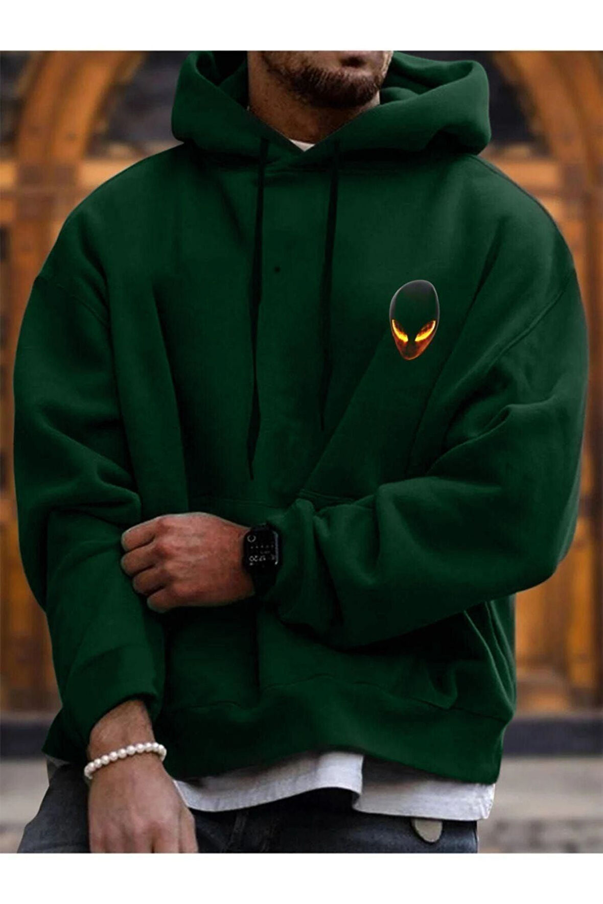 Unisex Yeşil Alien Baskılı Kapşonlu Oversize Sweatshirt