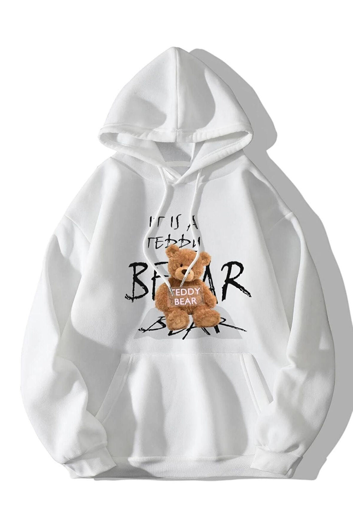 Unisex Beyaz Bear Ayı Baskılı Oversize Kapşonlu Sweatshirt