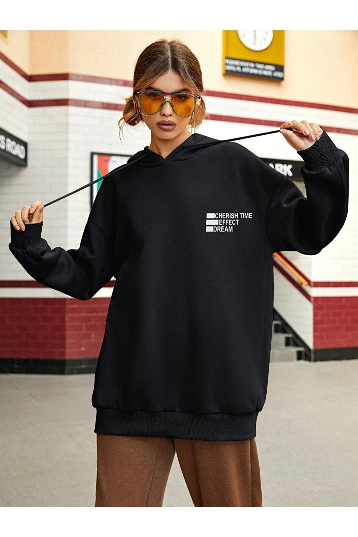 Unisex Effect Baskılı Oversize Kapşonlu Sweatshirt