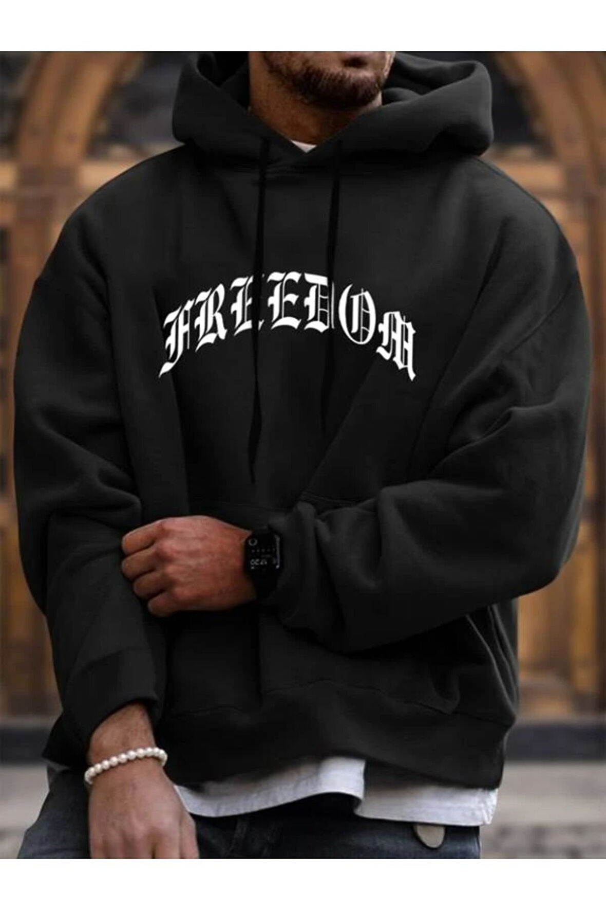 Unisex Freedom Baskılı Oversize Kapüşonlu Sweatshirt
