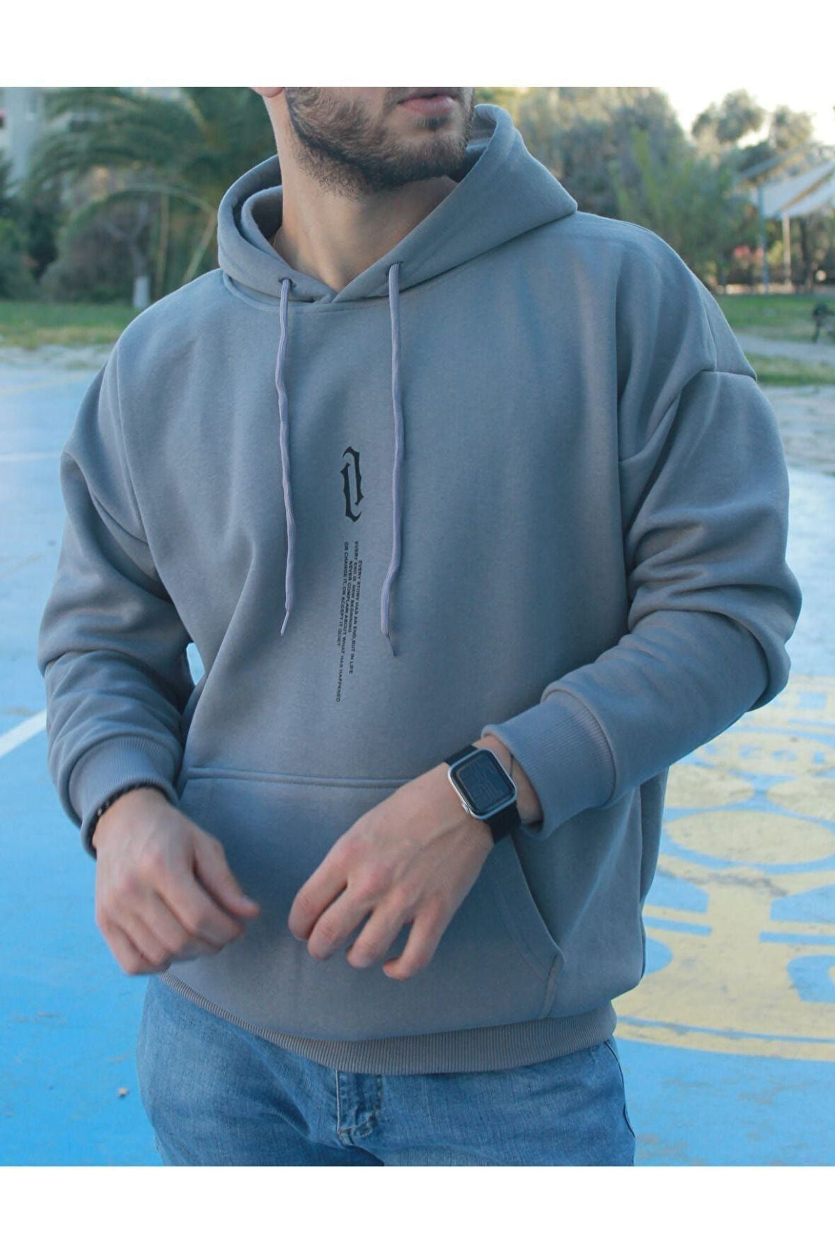 Unisex Göğüs Dikey Baskılı Kapşonlu Oversize Sweatshirt