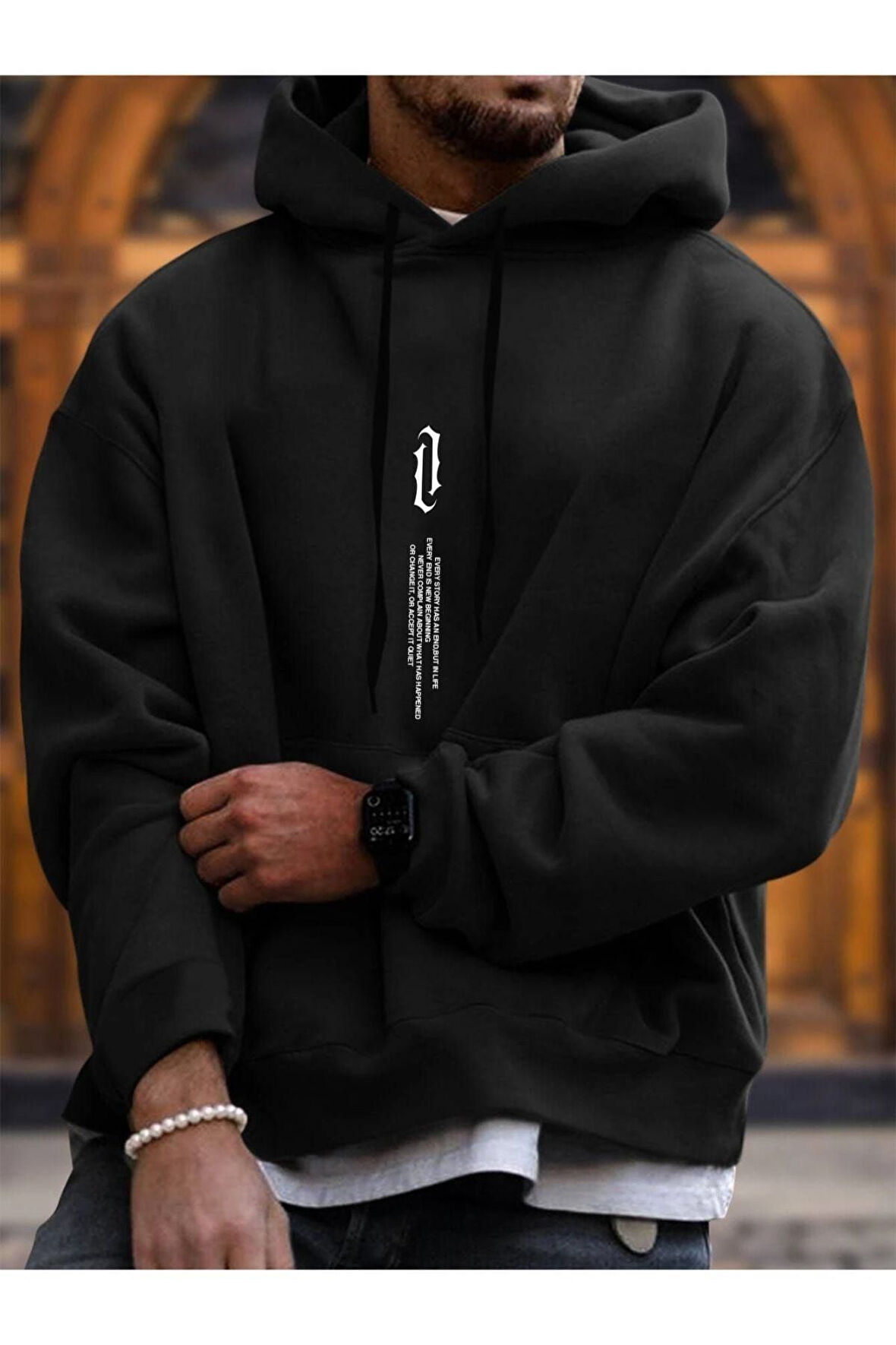 Unisex Göğüs Dikey Baskılı Kapşonlu Oversize Sweatshirt