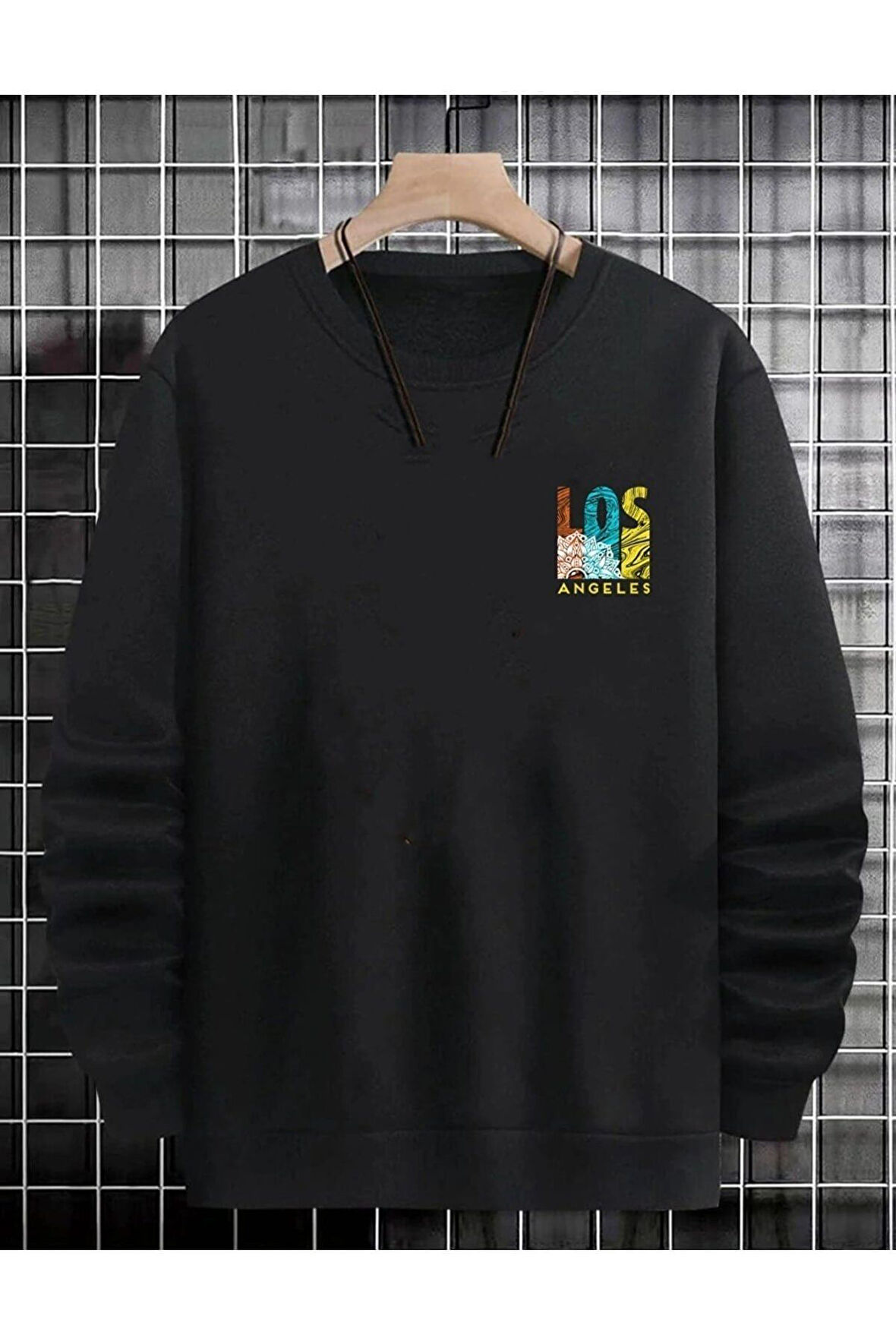 Unisex Siyah Los Angeles Oversize Bisiklet Yaka Sweatshirt