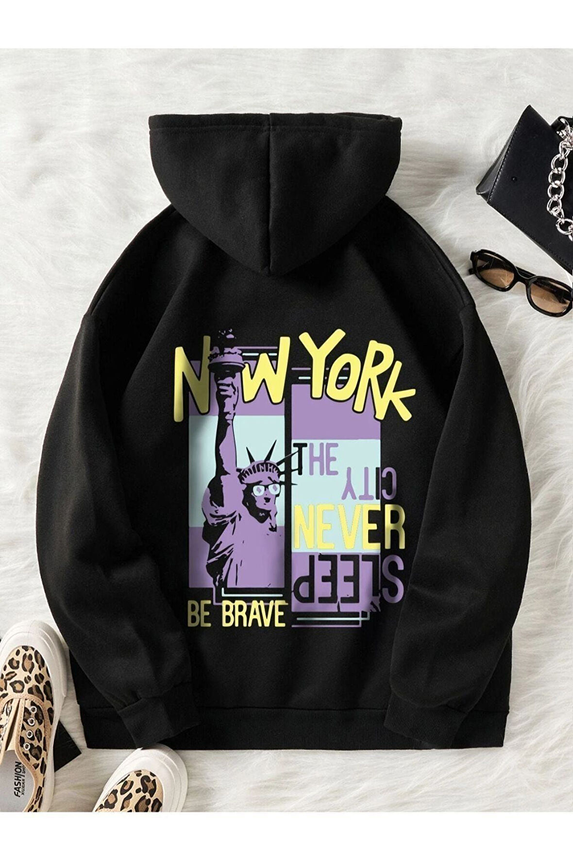 Unisex Siyah New York Baskılı Oversize Kapşonlu Sweatshirt