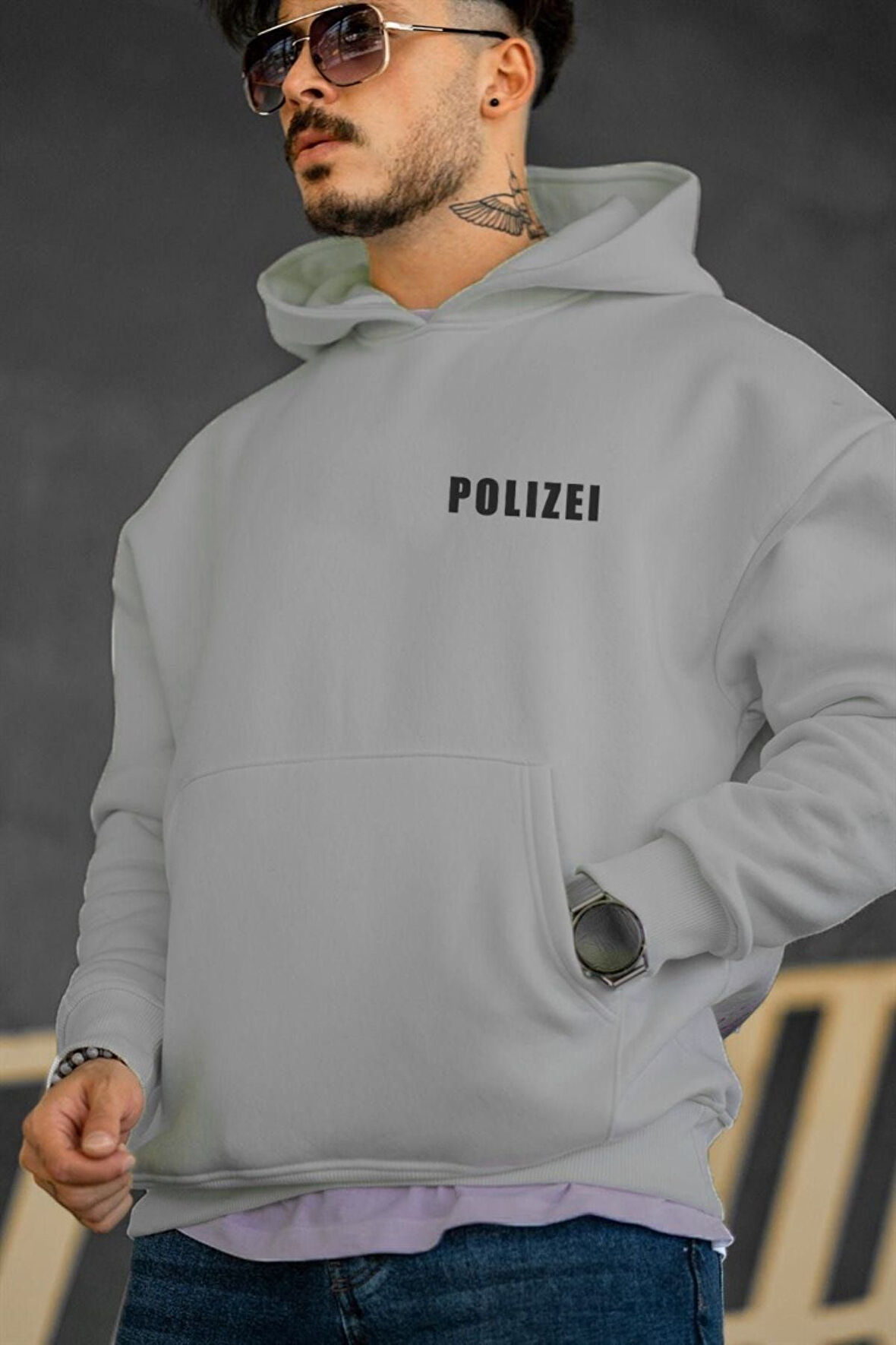Unisex Polizei Baskılı Oversize Kapüşonlu Sweatshirt