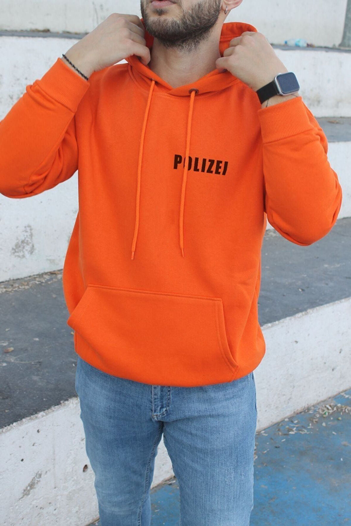 Unisex Polizei Baskılı Oversize Kapüşonlu Sweatshirt