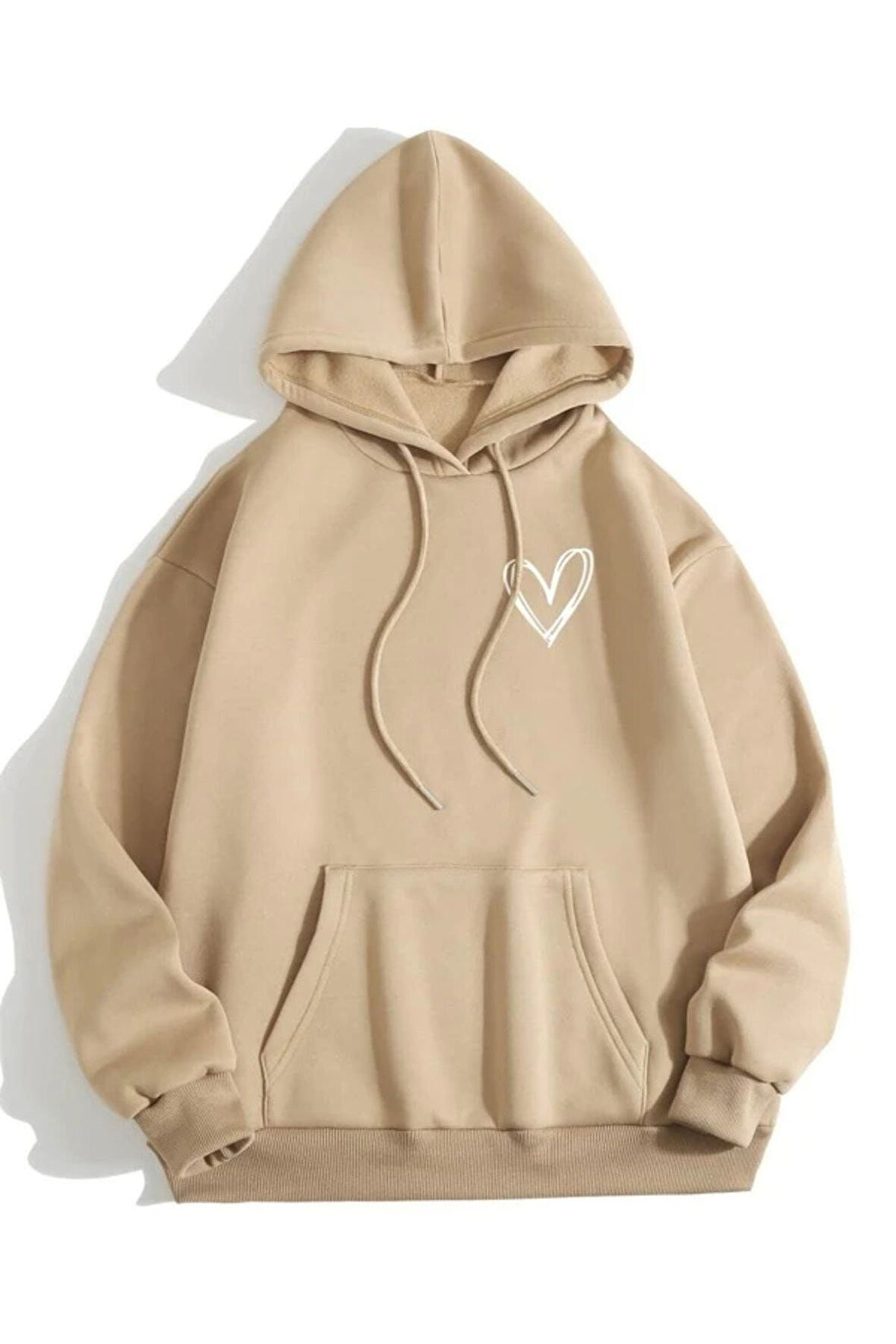 Unisex Kalp Baskılı Oversize Kapüşonlu Sweatshirt