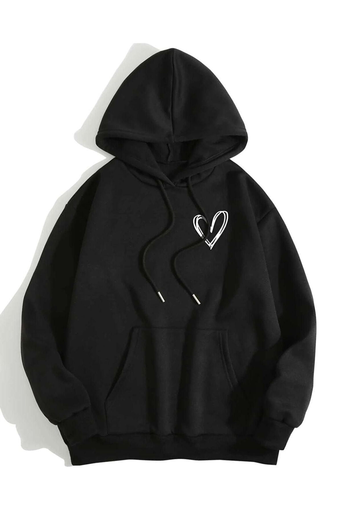 Unisex Kalp Baskılı Oversize Kapüşonlu Sweatshirt