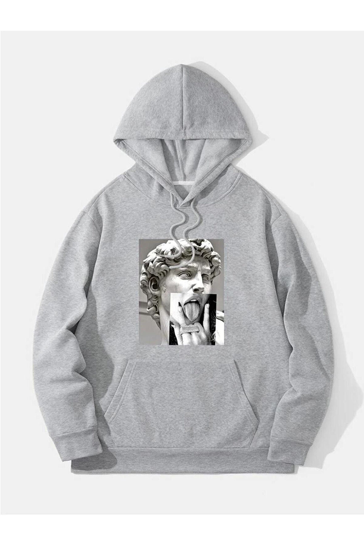 Unisex Heykel Baskılı Oversize Kapşonlu Sweatshirt