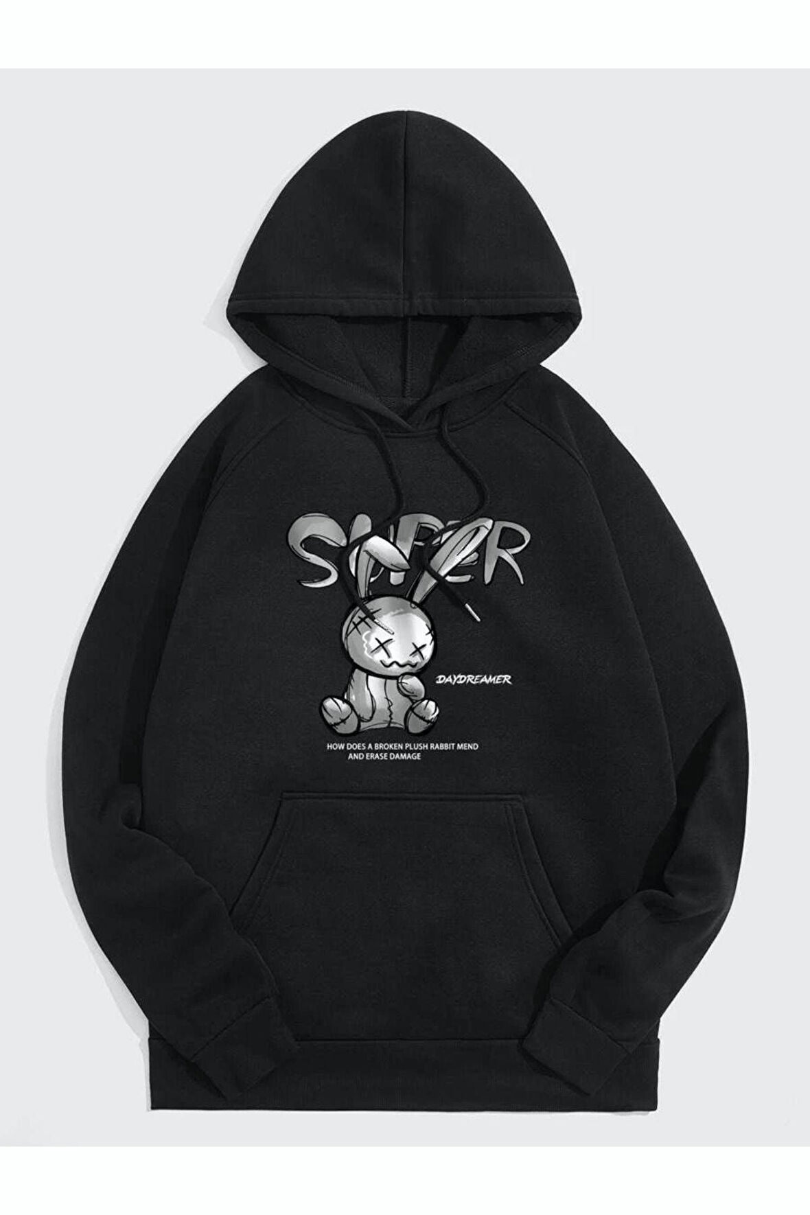 Tavşan Baskılı Oversize Kapüşonlu Sweatshirt