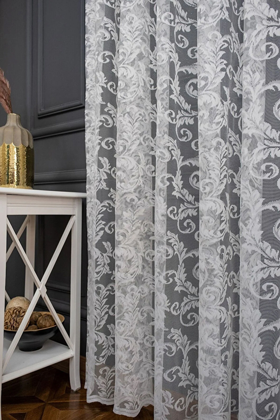 Klasik Şal Desen Kırık Beyaz Renk Desen Tasarım 1e3 Kat Pileli Tül Perde