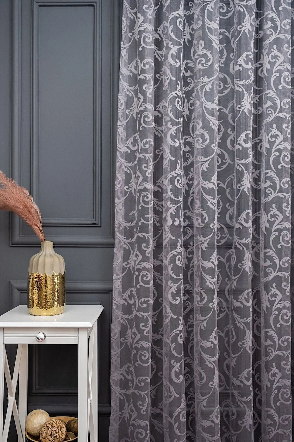 Klasik Şal Desen Gri Füme Renk Desen Tasarım 1e3 Kat Pileli Tül Perde