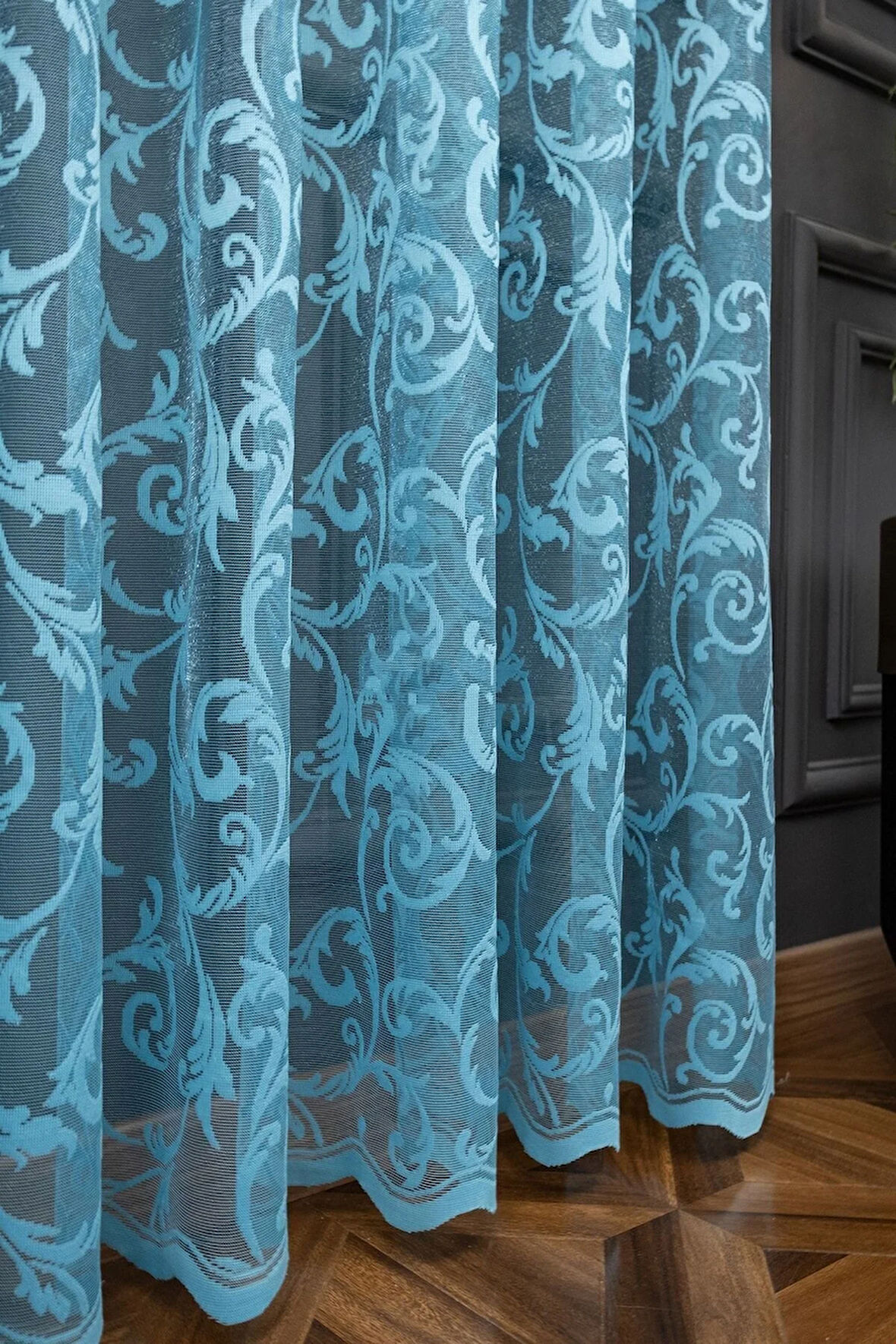 Klasik Şal Desen Turkuaz Renk Desen Tasarım 1e3 Kat Pileli Tül Perde