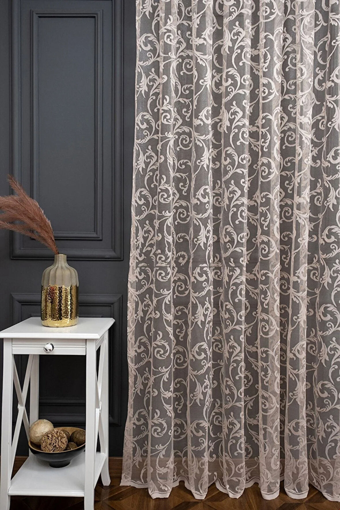 Klasik Şal Desen Vizon Bej Açık Kahve Renk 1e3 Kat Pileli Tül Perde