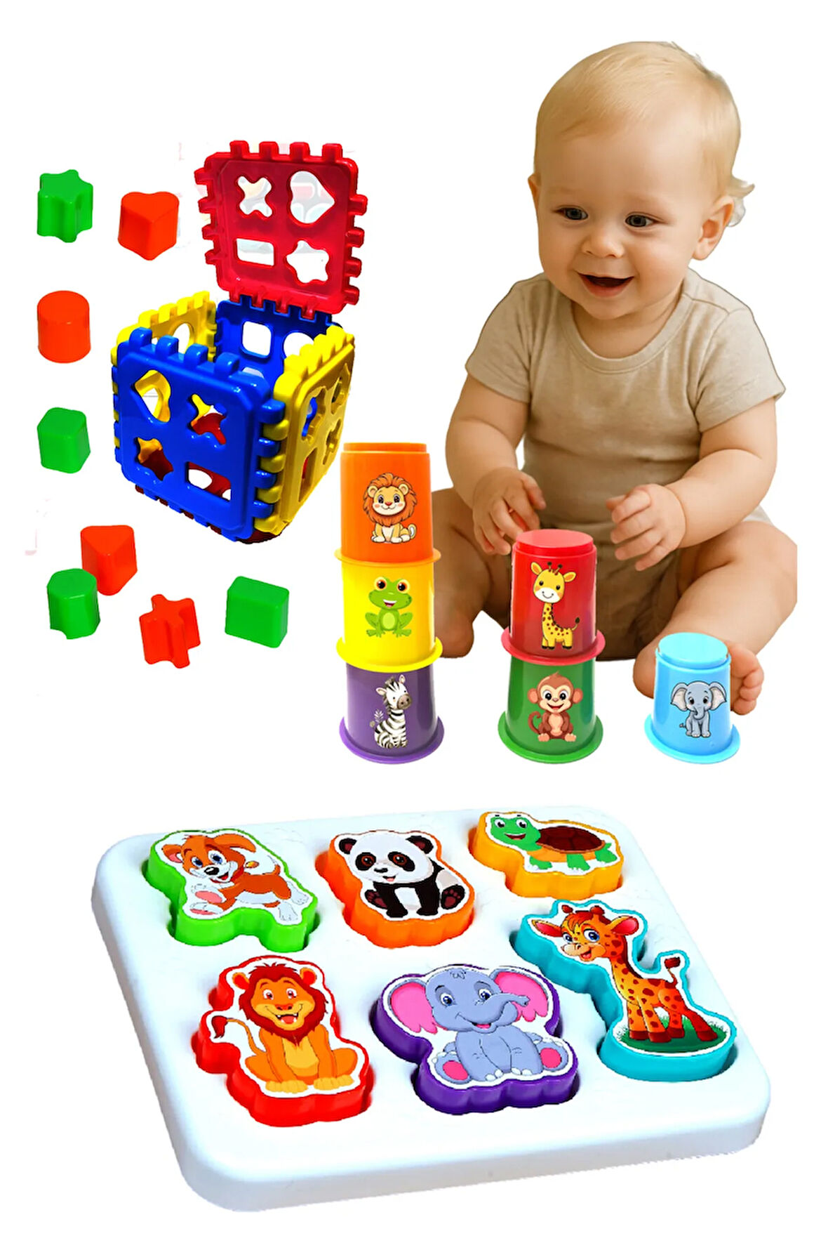 Eğitici Set Silindir Kule + Bultak Puzzle + Sevimli Hayvanlar Bultak