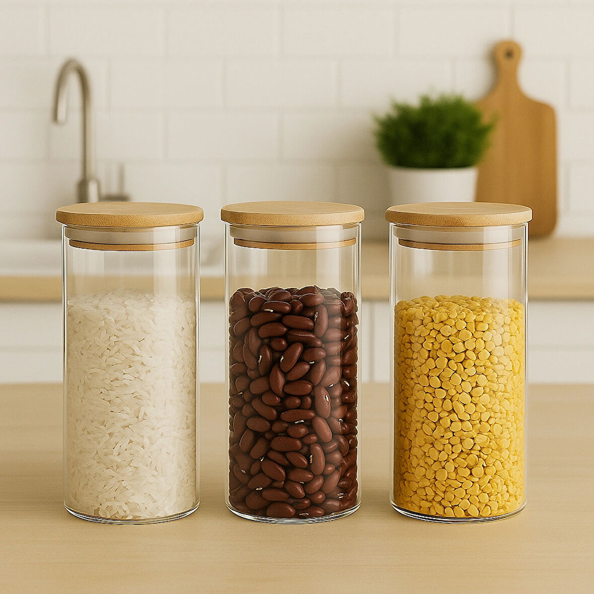 3'lü Borosilikat Cam Bakliyatlık Seti, Bambu Vakum Kapaklı 18 cm, çap:8 cm 900ml