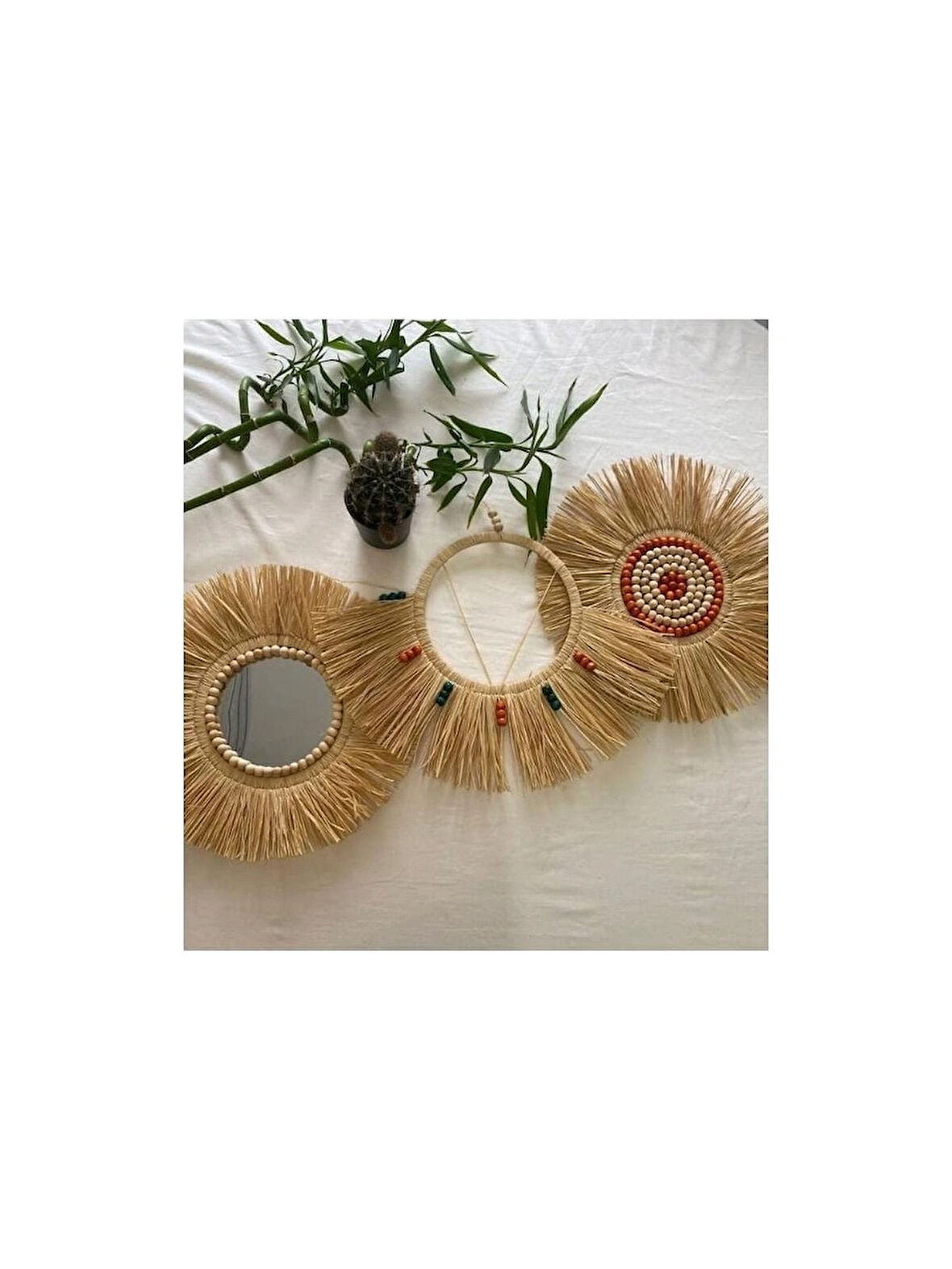 3lü Aynalı Rafya Boncuklu Dekarasyon