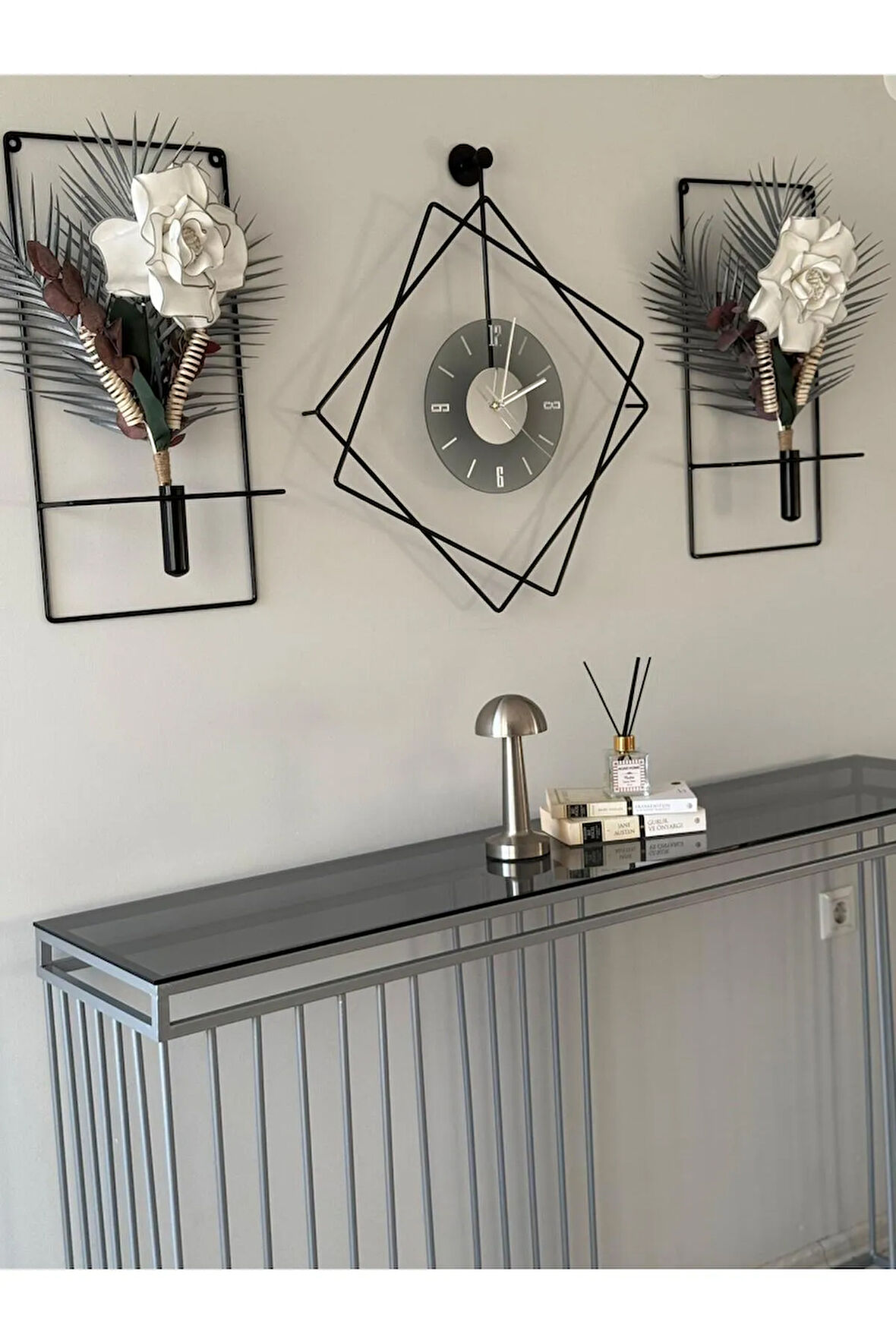 5'li Elegante Set - Ferrero FÜME Tamper Camlı Siyah MetaL Kırılmaz Camlı Metal (mobilya) Duvar Saati